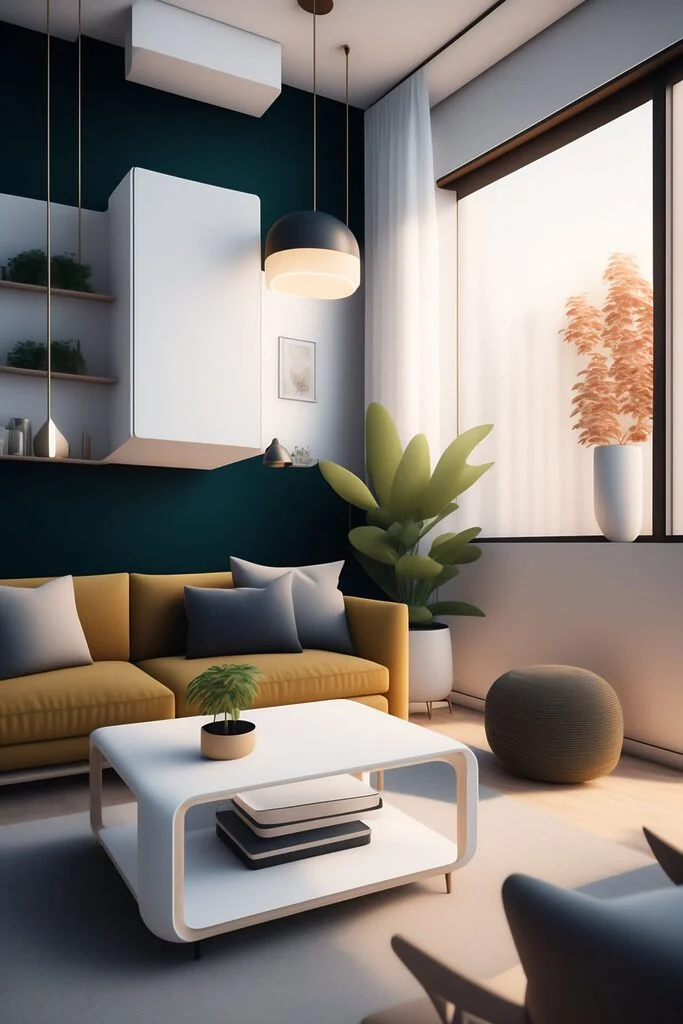 AI artwork of a detailed isometric living room with natural light, white walls, hardwood floors, Vitra fused with mid century style furniture and hardwood flooring. Large floor to ceiling windows with a cityscape outside.