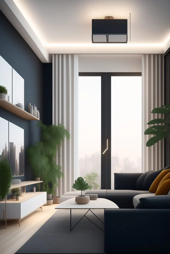AI artwork of a detailed isometric living room with natural light, white walls, hardwood floors, Vitra fused with mid century style furniture and hardwood flooring. Large floor to ceiling windows with greenery outside.