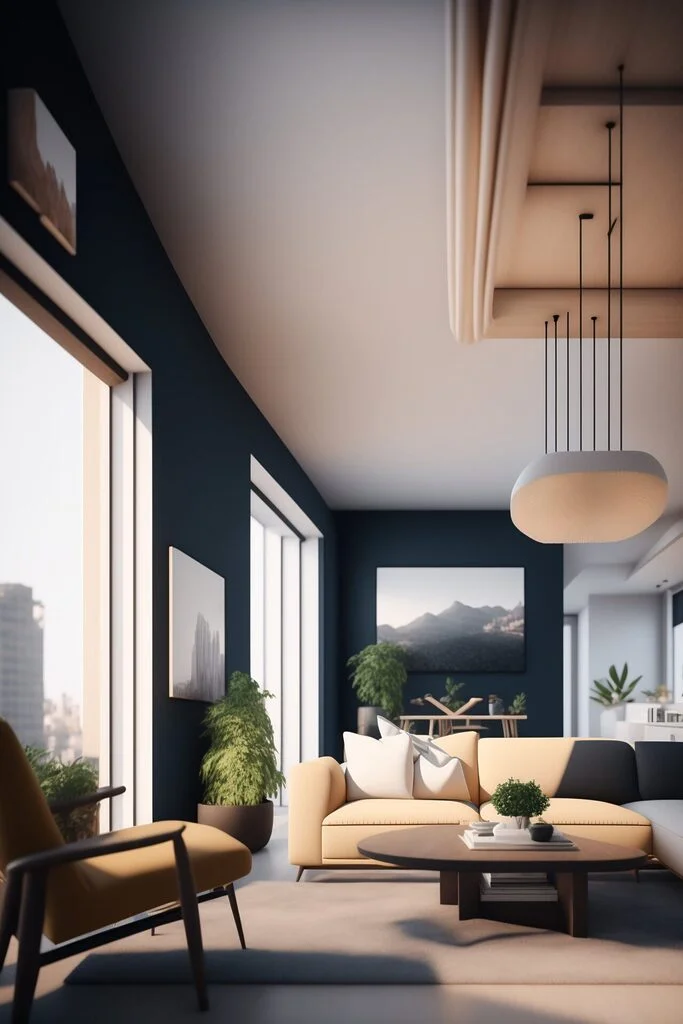 AI artwork of a detailed isometric living room with natural light, white walls, hardwood floors, Vitra fused with mid century style furniture and hardwood flooring. Large floor to ceiling windows with greenery outside.