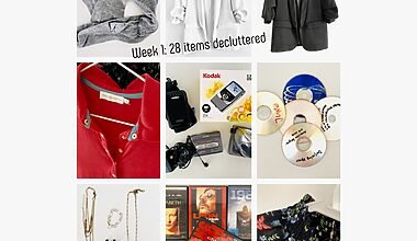 Image consists of nine tiles showing photos of things sorted out during a decluttering challenge, including costume jewelery, blazers, blouses, CD-Roms, electronic items like a Walkman and Kodak vlogging camera, and socks. Caption reads "Week 1: 28 items decluttered"