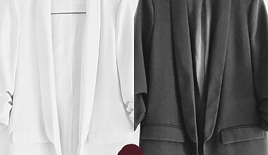 Juxtaposed photo of two identical blazers from Zara, one in white and one in black. A little "voila" emoji was added as an overlay to the image composition.