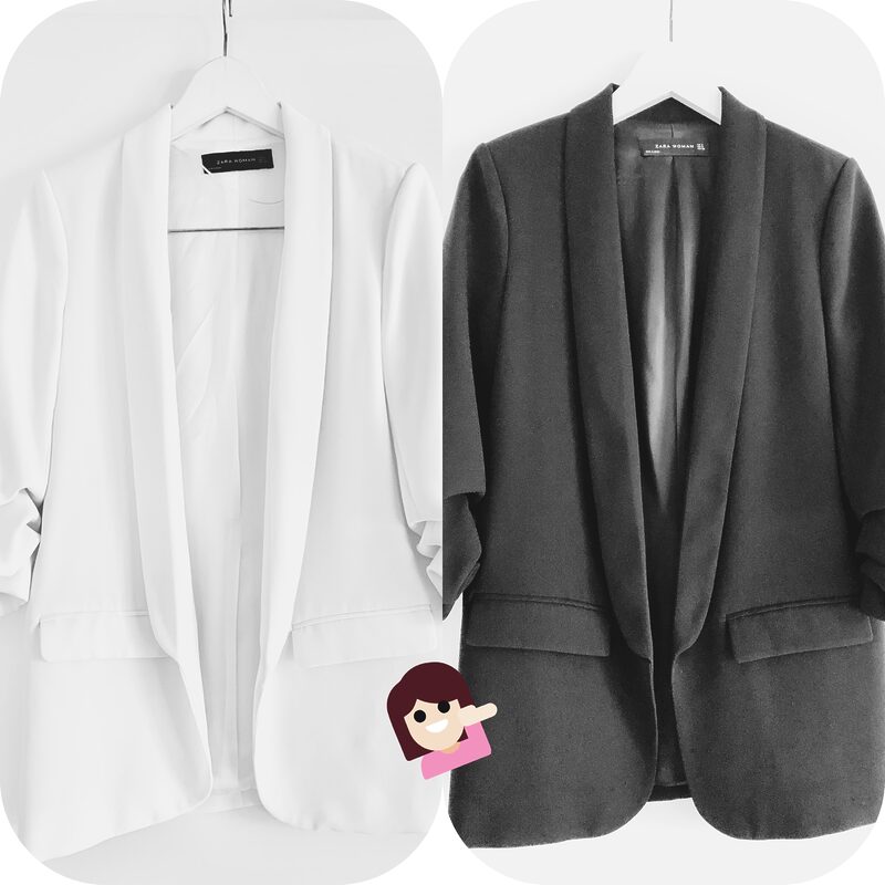 Juxtaposed photo of two identical blazers from Zara, one in white and one in black. A little "voila" emoji was added as an overlay to the image composition.