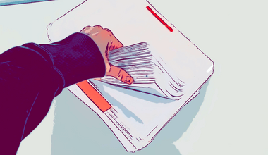 A comic-like photo of a hand flipping through a huge stack of old documents