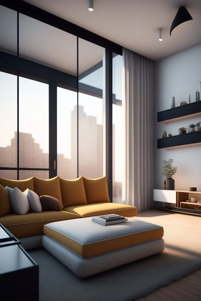 AI artwork by Tidymalism of a detailed isometric living room with natural light, white walls, hardwood floors, Vitra fused with mid century style furniture and hardwood flooring. Large floor to ceiling windows with the cityscape outside.