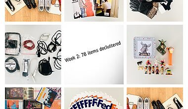 Image shows eight tiles with photographs of assorted household items that were weeded out during the second week of a 30 day decluttering challenge. Items to declutter include magazines, designer shoes, random cables and power plugs, CDs, small toys, and FedEx envelopes. The caption says "Week 2: 78 items decluttered"