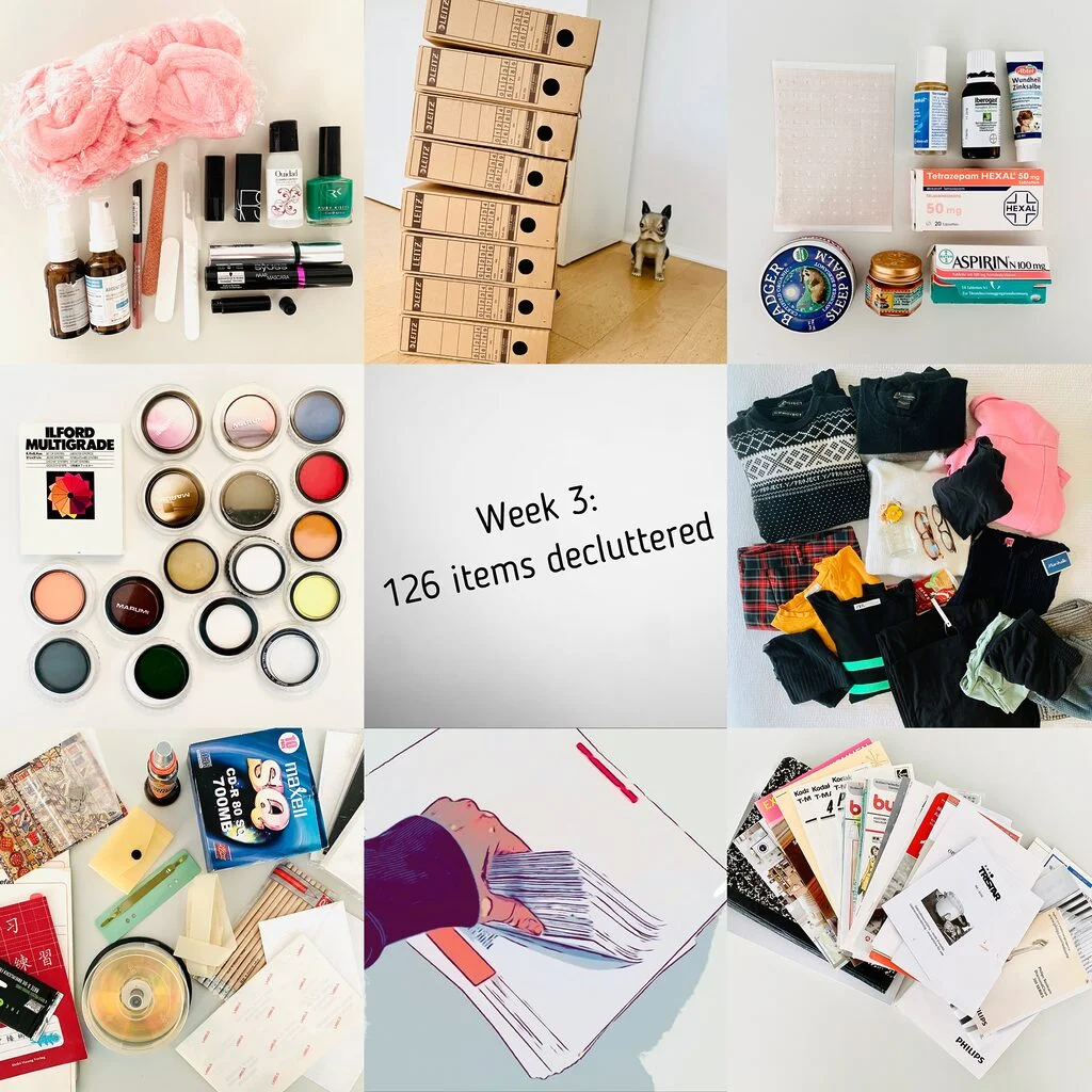 Tiled image of 8 photographs of items weeded out in the third week of a minimalism declutter challenge. Clothing, hobby supplies, photographic filters, pamphlets and office drawer junk were some of the things sorted out. In the middle of the image is a caption that says "Week 3: 126 items decluttered".