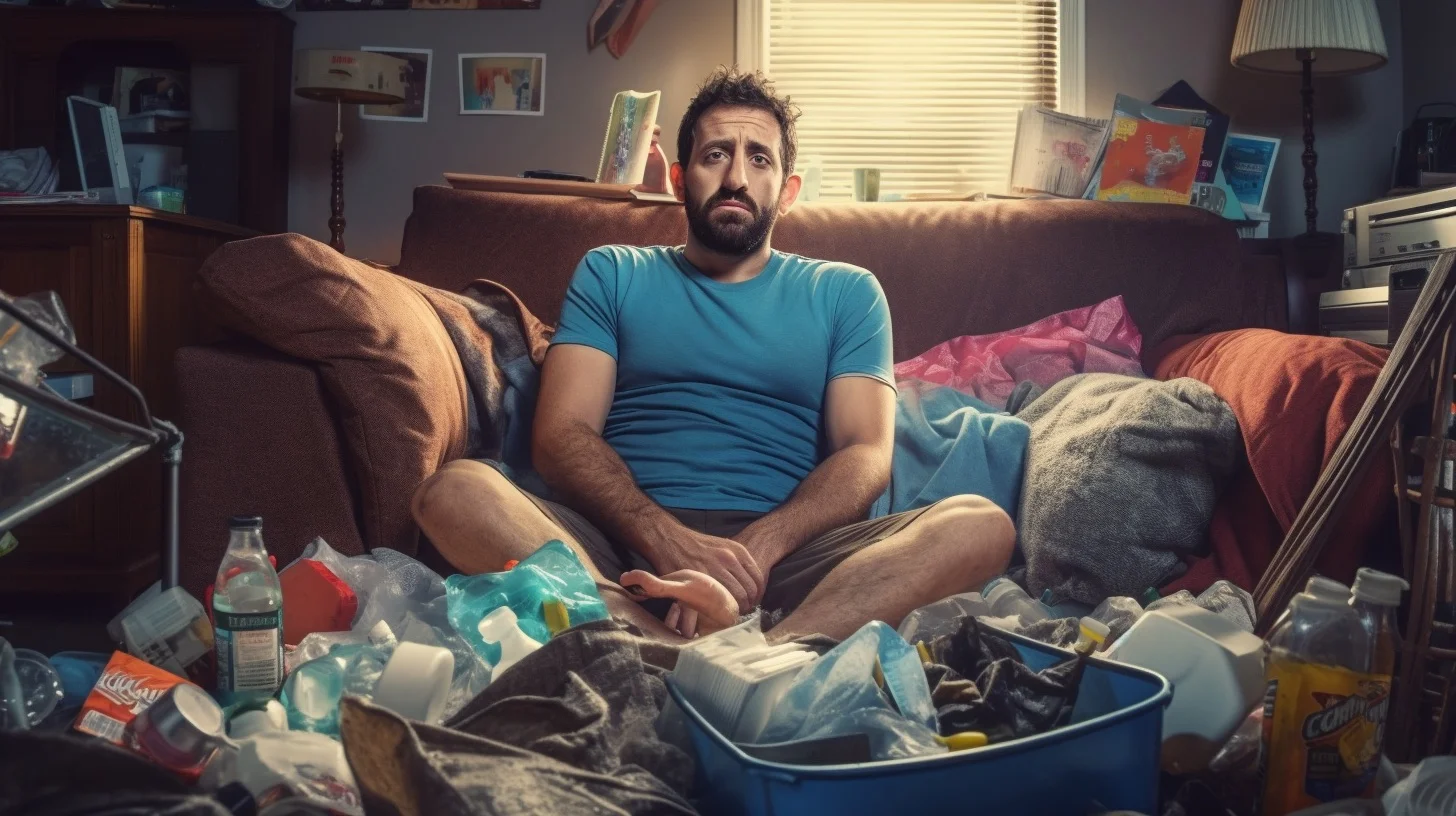 Illustration of a man sitting on his cluttered couch in his very messy living room, in need of some lazy tidying tips to keep his place cleaner.