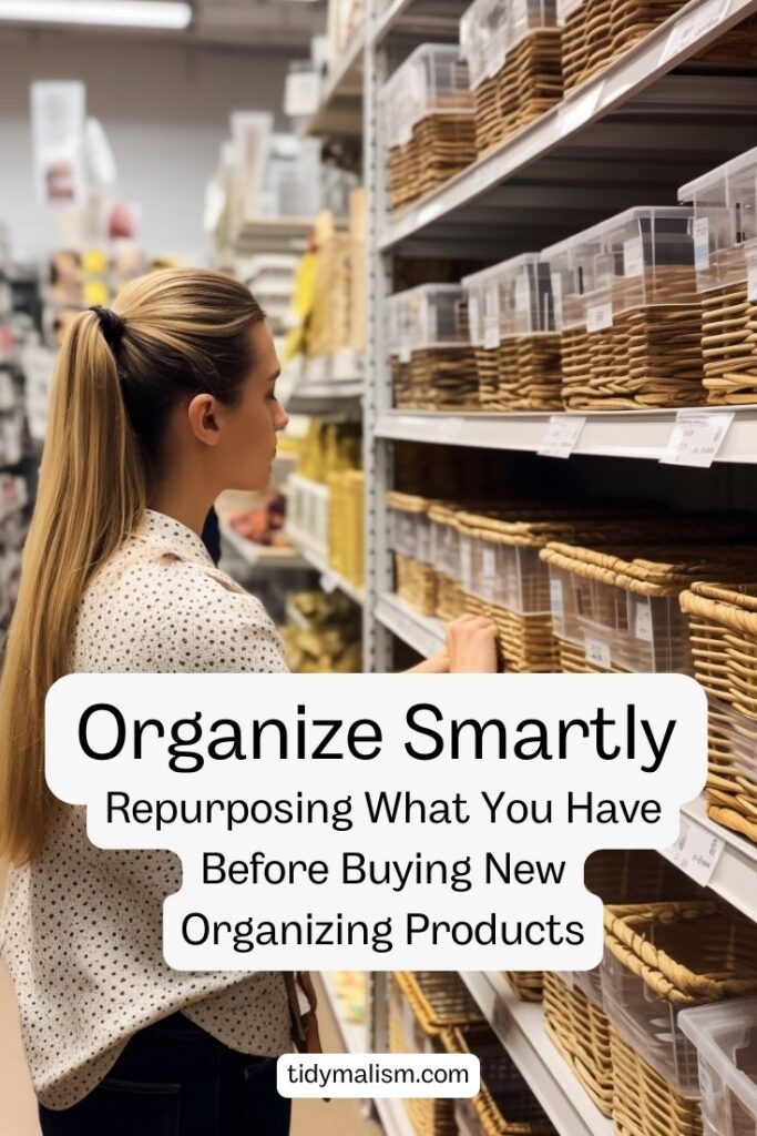 Woman shopping at the Container Store, standing in front of a shelf of organizing baskets.