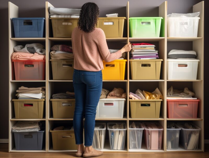 Woman standing in front of a shelving unit full of boxes of clutter to sort through during a 4 week declutter challenge.