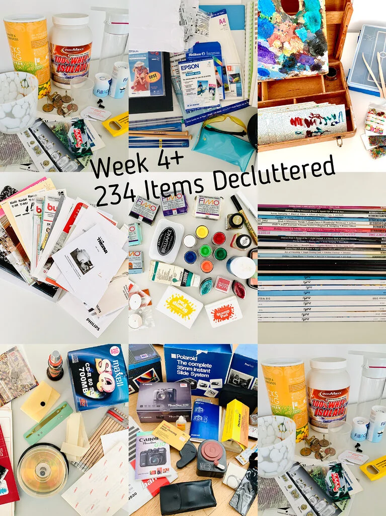 Image showing 9 tiles of photographs of different items sorted out during the fourth week of a 4 week declutter challenge