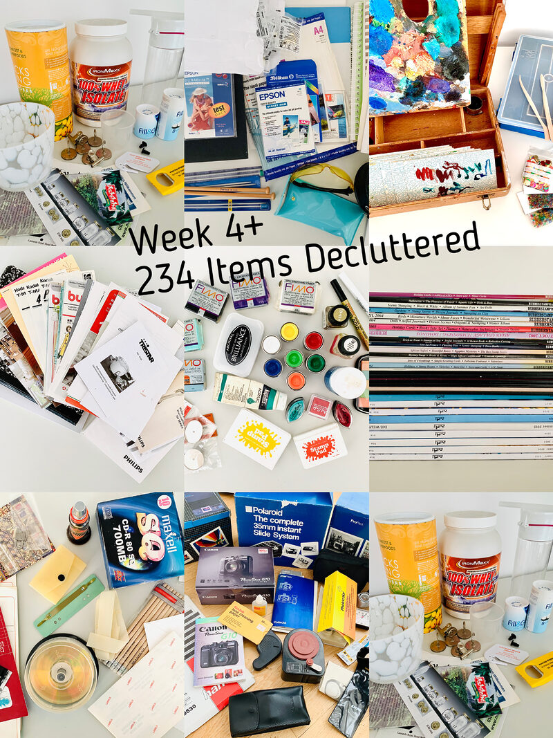 Image showing 9 tiles of photographs of different items sorted out during the fourth week of a decluttering challenge