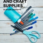 Small variety of art markers, glue, a pair of scissors, and scotch tape. Caption reads: How to konmari art and craft supplies to spark creativity.