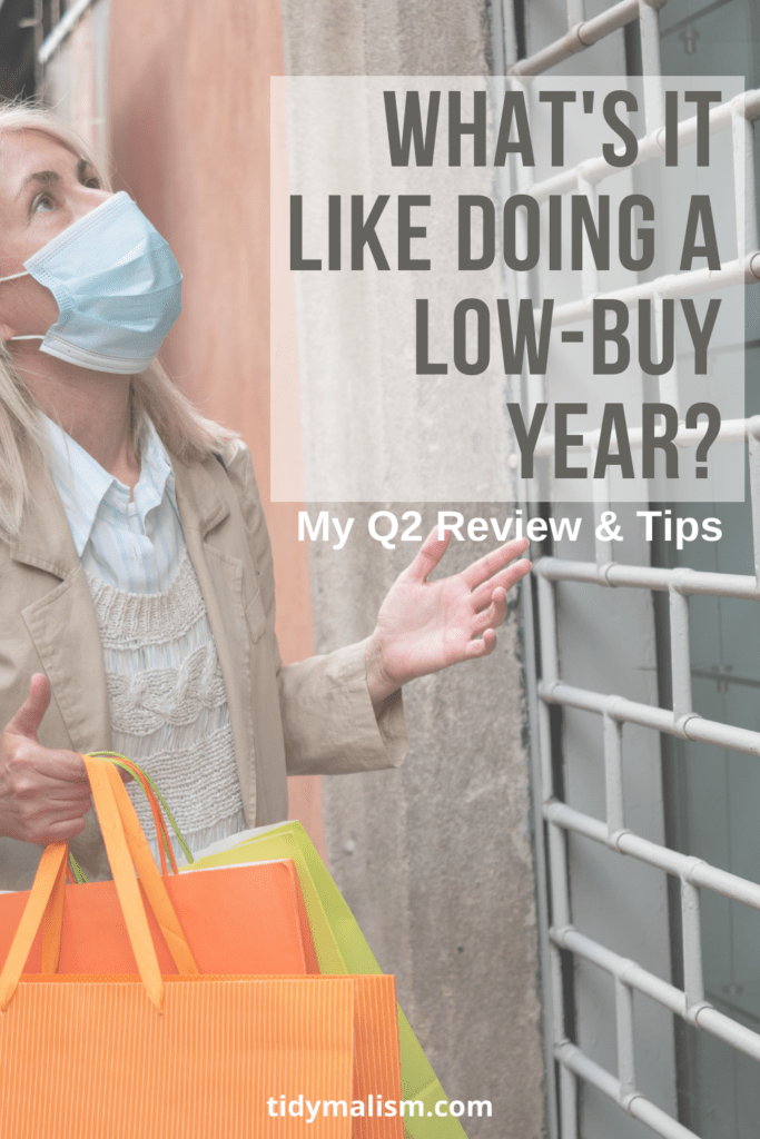 Lady with empty shopping bags standing in front of a shuttered store. She's wearing a face mask and is in distraught she can't shop. Caption reads What's It Like Doing a Low Buy Challenge? My Q2 Review and Tips.