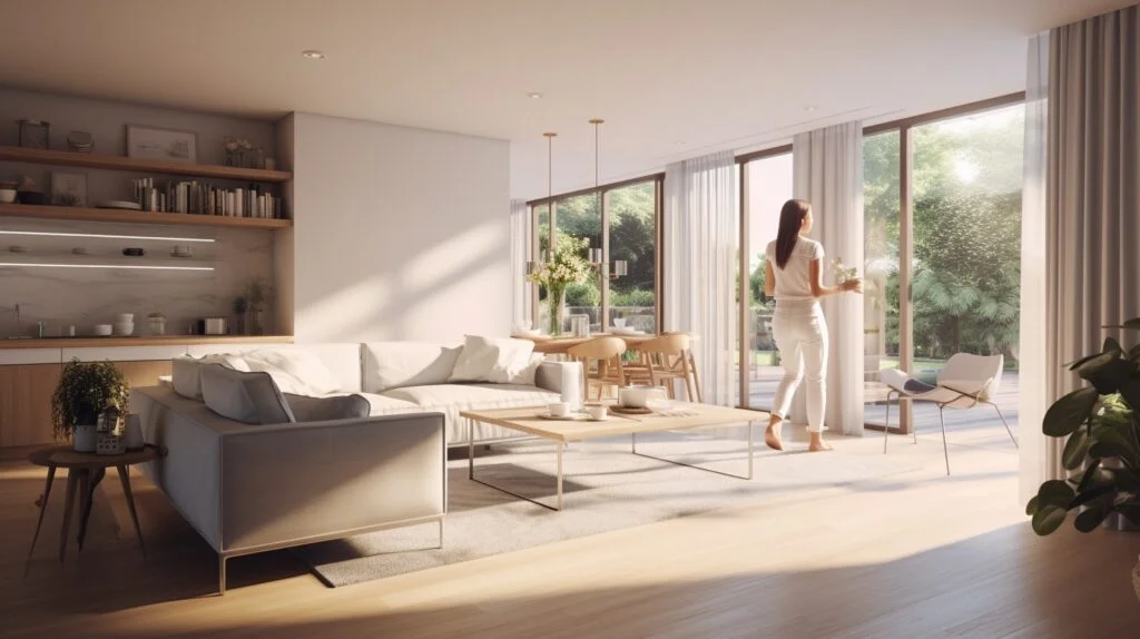 Photorealistic illustration of a young woman walking across her open space flat towards the patio. The room is uncluttered, airy, and welcoming.