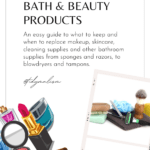 Cropped photographs and illustrations of common bathroom items like a razor, shaving cream brush, soap, makeup brushes, nail file, scissors, facial creams, lipstick and sponges. Caption reads Decluttering Bath and Beauty Products.