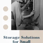 Vintage, black and white photograph from the 30s-40s era of a well-kempt woman reaching into her mirrored medicine cabinet over the bathroom sink. The cabinet is very small but it's organized and she's smiling into the camera behind her. Caption reads "Storage Solutions for Small Bathrooms."