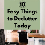 Photograph of a very cluttered hallway with piles of cardboard boxes, clear plastic containers full of stuff, and an open suitcase full of even more clutter. Caption reads: 10 easy things you can declutter today.