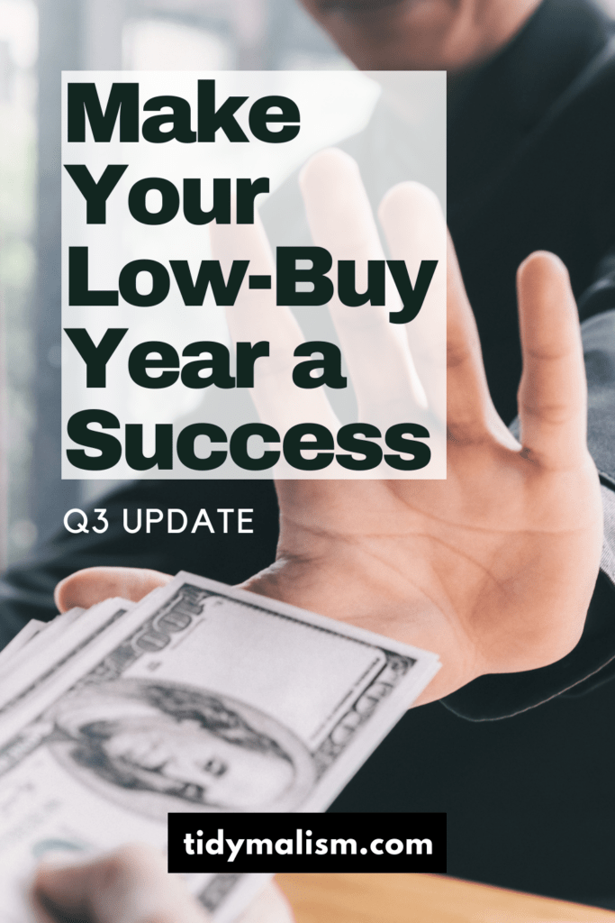 Close-up photo of an outreached hand trying to give a stack of hundred dollar bills to another hand. Caption reads Make Your Low-Buy Year a Success and deals with sticking to low buy rules and cutting spending.