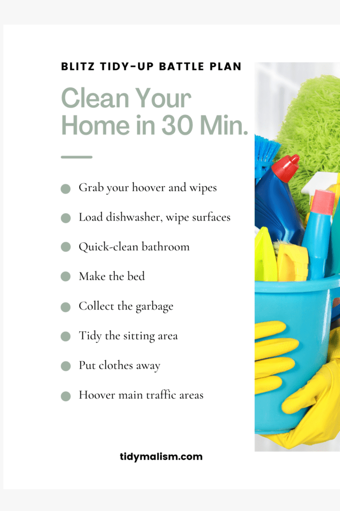Close-up photograph of two yellow rubber-gloved hands holding a turquoise cleaning bucket containing cleaning supplies like sponges, toilet cleaner, mop, glass cleaner. Caption reads: Blitz tidy-up battle plan. Clean your home in 30 minutes.