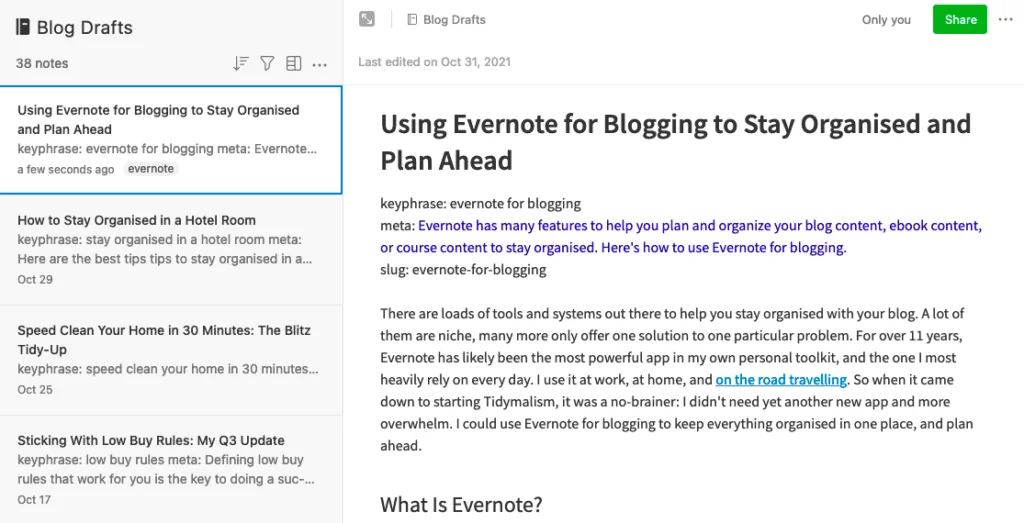 Screenshot of using Evernote to write a blog article.