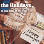Cropped photograph of a Kwanzaa gift being exchanged between two pairs of hands. Caption reads minimalist gift ideas for the holidays or any time of the year.