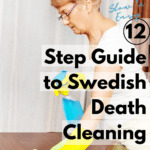 Photograph of an older white woman wearing yellow rubber gloves and cleaning an empty dining table. Her surroundings appear to be entirely uncluttered and tidy. Caption reads: slow and easy 12-step guide to Swedish death cleaning.