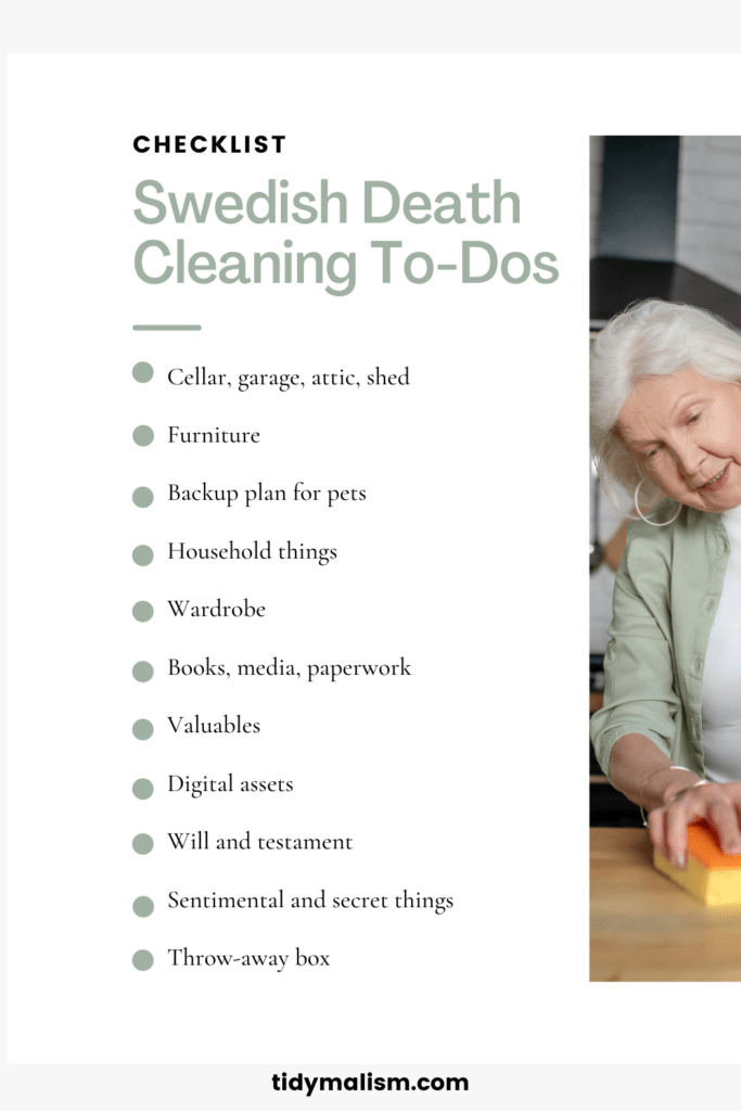Cropped photograph of a white woman in older age, cleaning her countertops with an orange and yellow sponge. To the left of the photo is a simple checklist for doing Swedish Death Cleaning.
