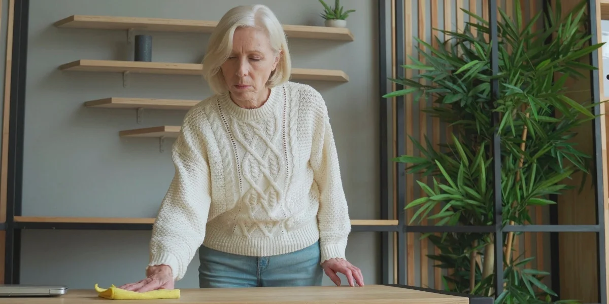 Middle aged woman with white-blond bob wearing jeans and a creme coloured cable knit jumper. She's dusting a tabletop with a laptop on it. Behind her is a shelving unit on the wall with a solitary potted plant. To the right of the shelving unit is a large yucca palm tree. The room looks immaculately decluttered and clean, and there is nothing else in it.