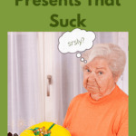 Photograph of a white grandmother with short grey hair, wearing an orange pullover. She's being gifted what is obviously a frying pan, clumsily wrapped in yellow gift paper with green and gold ribbon. She's looking into the camera with disappointment and a frown, as if to say "seriously?" Caption reads 8 ways to handle presents that suck.