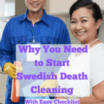 Photograph of middle-aged Asian woman and taller, younger Asian man, perhaps mother and son or aunt and nephew. The young guy is dressed in a blue workman's overall and is holding cleaning spray, and they're both holding cleaning rags. Caption reads: Why you need to start Swedish death cleaning. With easy checklist.