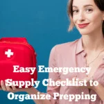 White lady, mid-twenties, light brown hair parted in the middle and tied back, wearing a peach coloured blouse and holding a red emergency supply kit in front of a teal backdrop. She's looking directly into the camera and making an "et voila" gesture with her other hand, pointing to her kit while smiling. Caption reads: Easy emergency supply checklist to organize prepping.