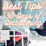 Cropped image of a man sorting out his clothes on his bed. We can see a bin for items he wants to donate to charity. Caption reads: master your declutter challenge. Best tips for 30 days of decluttering.