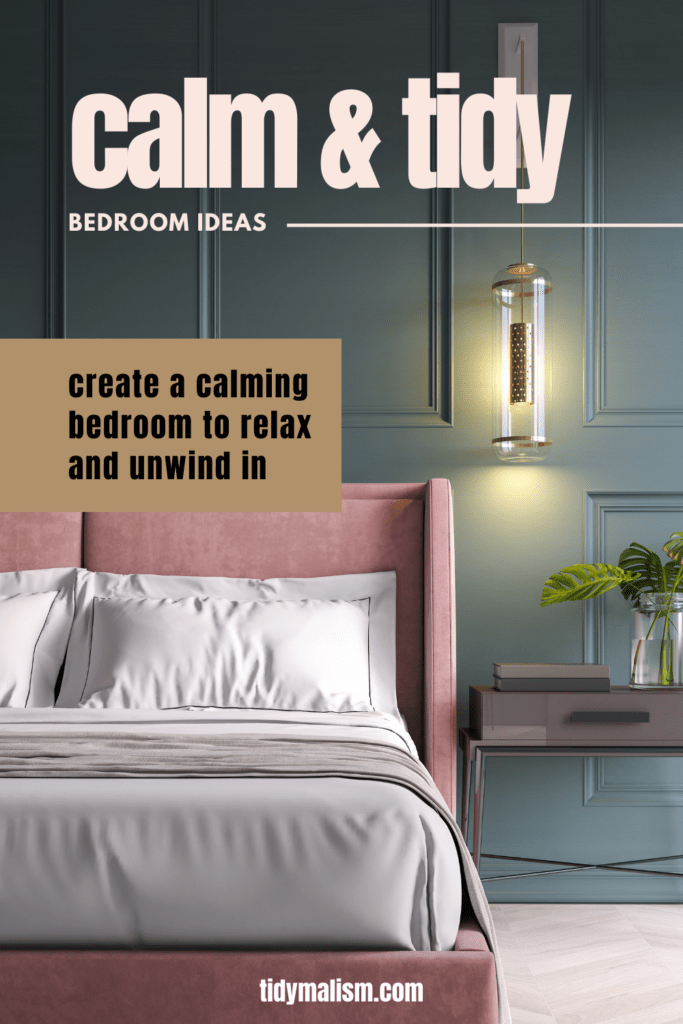 Uncluttered bedroom done in tastefully combined, subdued colors. The style is modern, but art deco influenced, with a plush, deep rose coloured bedframe and headboard. The walls are done in pale steel blue panelling. A modern pendant light hangs above the nightstand, atop which sit green monstera cuttings in a clear glass jar.