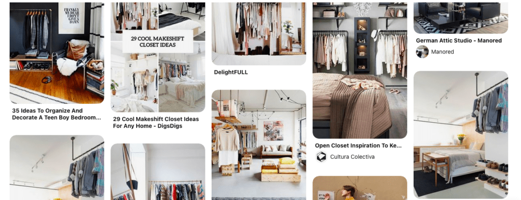 Collage of makeshift closet examples on Pinterest for no closet bedroom ideas.