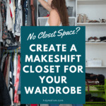 No bedroom closet ideas with a photo of a young white lady in jeans and a white tank top reaching into her makeshift closet, where she has organized her clothing despite not having a closet.