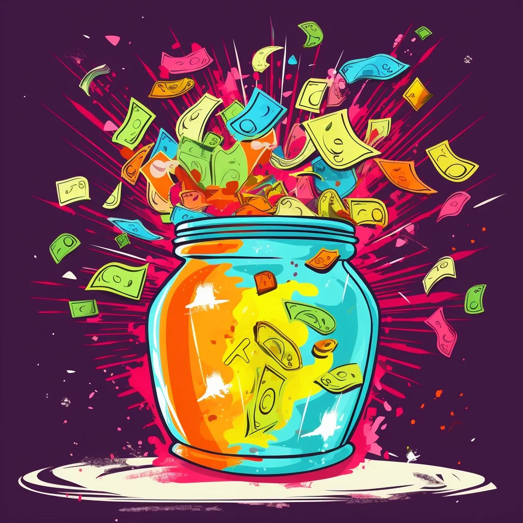 Comic-like jar of cluttered change, colourful, exploding into the air to illustrate how clutter costs money