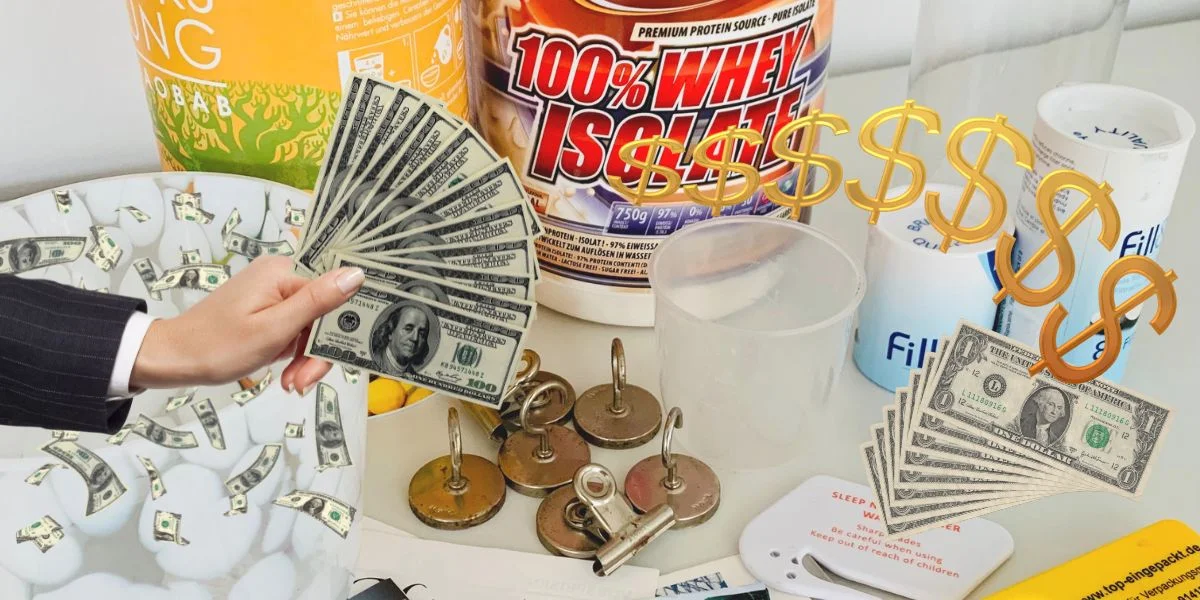 Photo of a miscellaneous lot of kitchen clutter including bottle openers, parcel knife, water filters, magnets, expired protein powders and glassware.