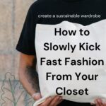 Cropped photo of a white, bearded man in a black t-shirt, holding a plain linen tote bag. Caption reads: how to slowly kick fast fashion from your closet. Create a sustainable wardrobe.