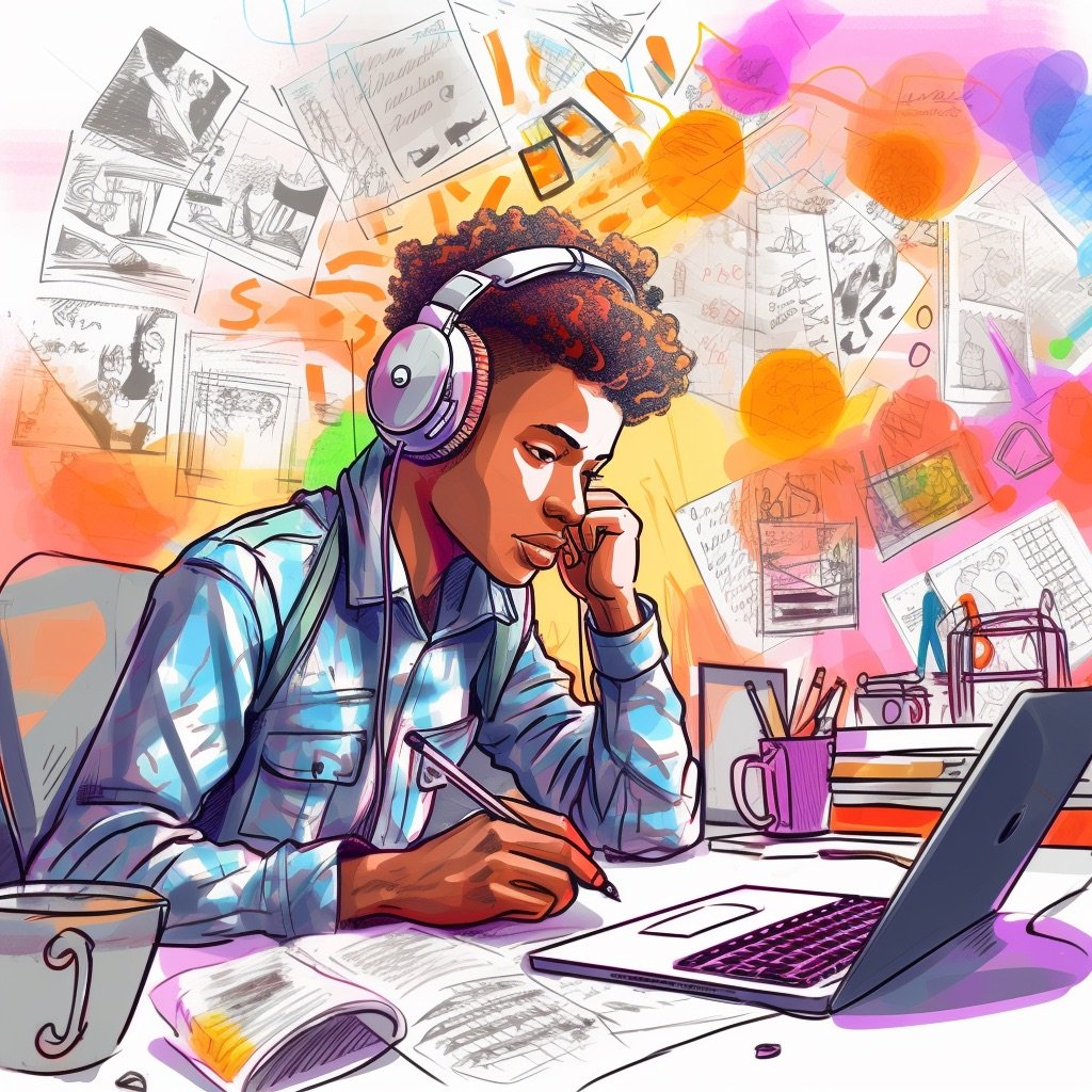 Comic-like, colourful illustration of a young man sitting at his laptop with pen in hand, wearing headphones whilst he works.