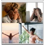 Four photos of woman, two are stressed out and two are happily embracing life with their arms in the air. Caption reads how to clean up your mental clutter and enjoy more peace of mind.