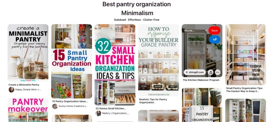 Screenshot of ideas on Pinterest for how to organise a small pantry with wire shelves.