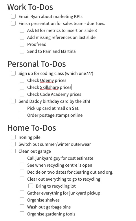 Screenshot showing how to organize a to-do list in Evernote.