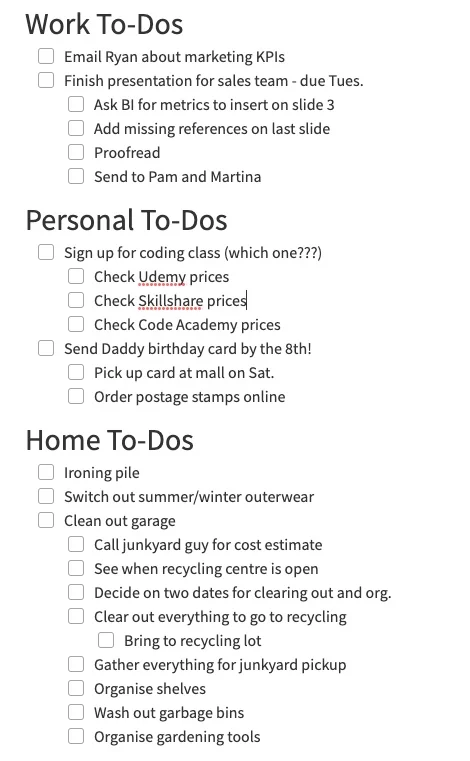Screenshot showing how to organize a to-do list in Evernote.