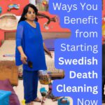 Colourful illustration of an Indian woman decluttering her home with the Swedish Death Cleaning method.
