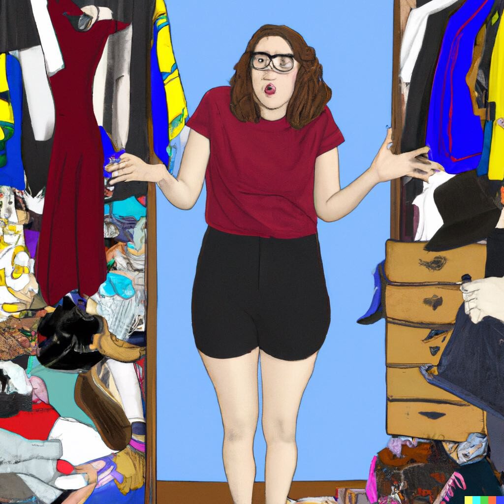 Brightly coloured computer-generated illustration of young lady standing in her very messy closet with clothes all over the floor, gesticulating with her arms as if to say "I don't know."