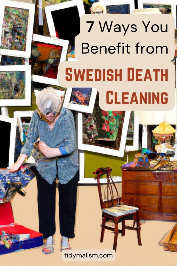 Illustration of an older woman doing Swedish death cleaning in her home. There are many paintings on the wall and she is surrounded by antique furniture. Image illustrates an article on death cleaning benefits.