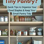 Illustration of a small pantry cupboard with assorted items organised on each shelf.