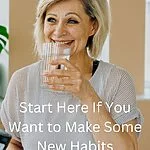 Stylish middle-aged woman with a blond ombre bob, wearing workout gear smiling as she drinks a glass a water.