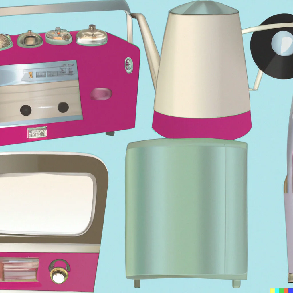 A Vintage Retro Kitchen With Pastel-Colored Appliances And A Refrigerator  Ai Generated Art