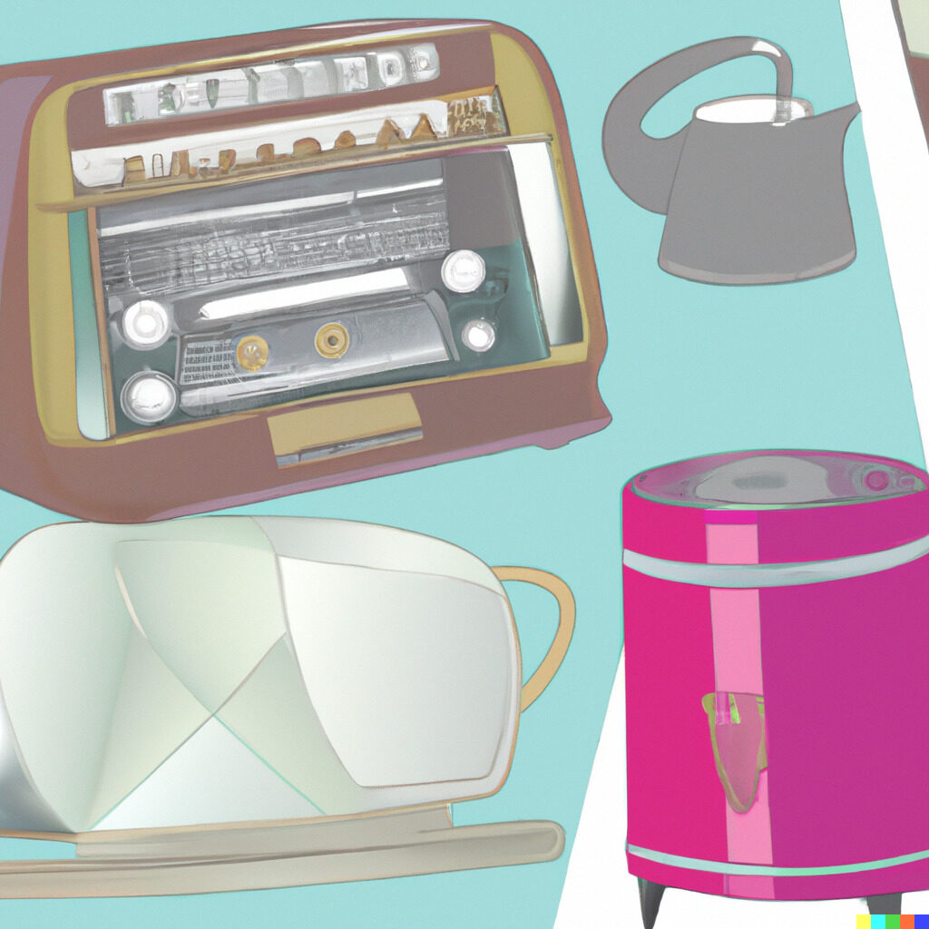 An AI-generated drawing of household appliances from the 1950s, in pastel colours.